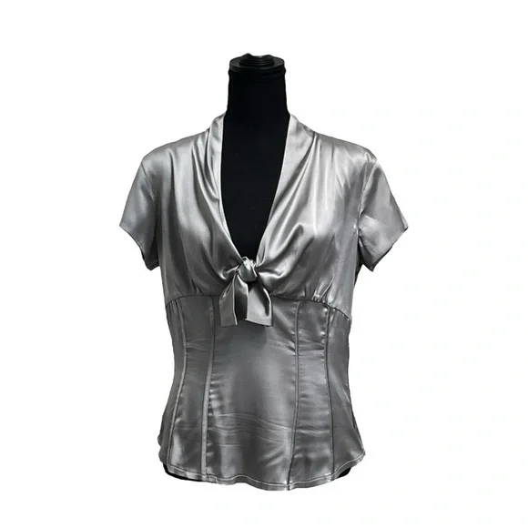 Silver Tie Front Fitted Blouse - Picture 1 of 15